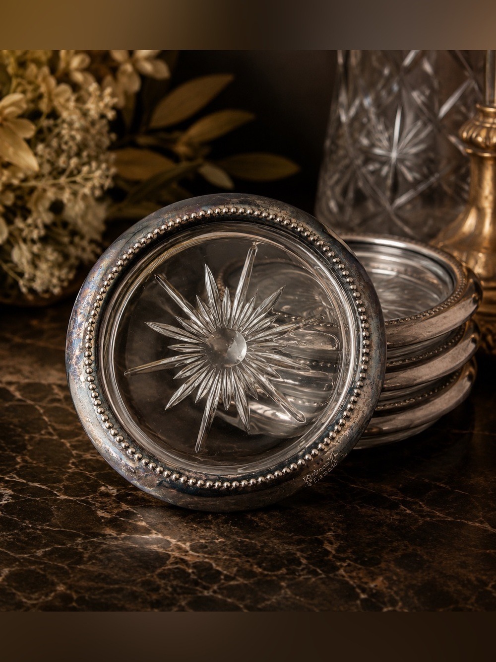 Vintage Raimond E.P. Brass Glass & Metal Coasters Set of 4 • Starburst Design